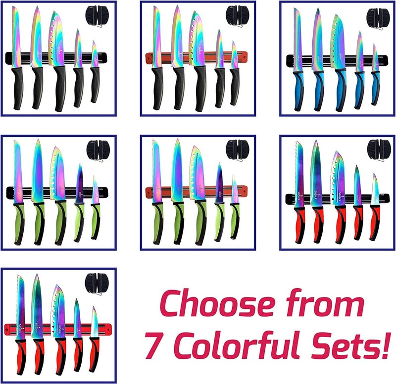 SiliSlick Kitchen Knife Set Kit, 5 Dishwasher Safe Colorful Knives, Knife Sharpener & Magnetic Wall Bar, Titanium Non Stick Plating Stainless Steel - Image 5